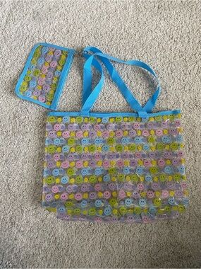 Blue Smiley-Print Clear Tote Bag with Matching Pouch
